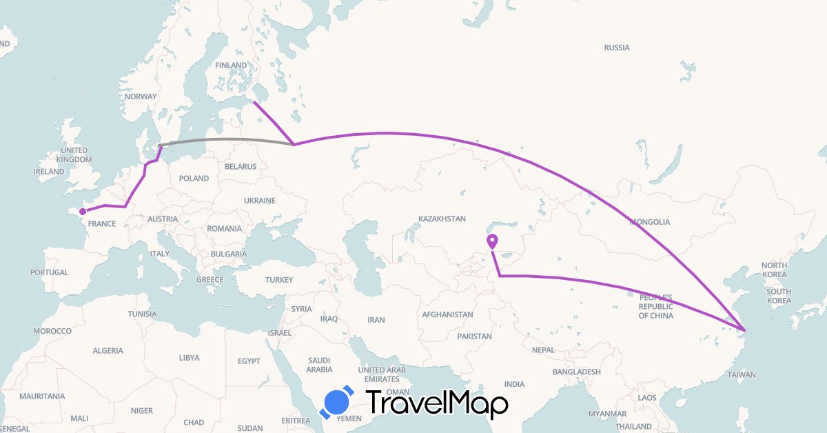 TravelMap itinerary: driving, plane, train in China, Germany, Denmark, France, Kyrgyzstan, Russia, Sweden (Asia, Europe)